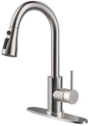 BASDEHEN Grifo de cocina extraíble de níquel cepillado de arco alto, de un solo nivel, de acero inoxidable con pulverizador extraíble y cubierta de 10 pulgadas (níquel cepillado)