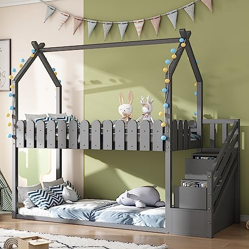 I0I&I0I Kinderbett Etagenbett mit 3 Treppen und 2 Schubladen aus massivem Holz, skandinavischer Stil (Grau)