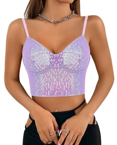 Segreto Canotta da donna con paillette, senza maniche, con spalline sottili, sexy, per festival, feste, club, camisole, Paillettes viola, M