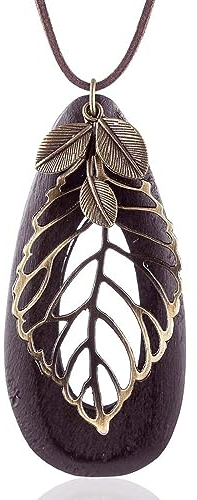 FUSHENGTER Halskette Damen Ketten Anhänger Frauen Geschenk Vintage-Blatt-Mode-Statement-Halsketten-Anhänger, Lange Halskette Aus Holz Für Damen, Braun