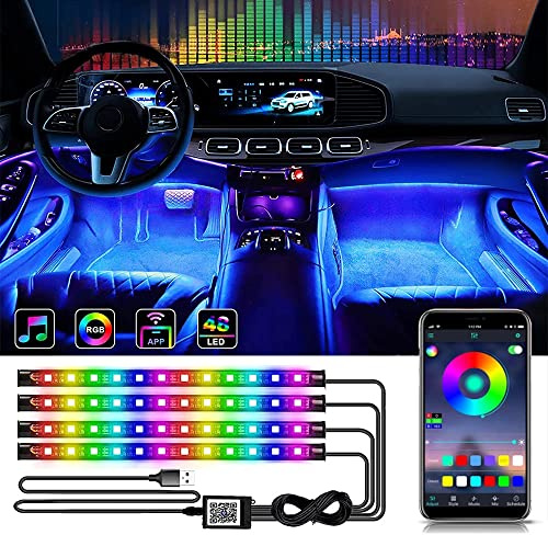 Auto-Innen-LED-Lichter, App-Steuerung, USB-Port, Auto-LED-Lichtstreifen, 4 Stück, 48 LEDs, Auto-Atmosphäre, Musik-Synchronisation, RGB-LED-Auto-Beleuchtungssets, farbige