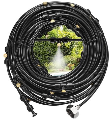QUARKZMAN Nebulizzazione Raffreddamento Sistema, 75FT(23M) Nebulizzazione Linea +28 Nebulizzazione Ugelli +3/4 Ottone Adattatore, Gestore per Esterno Patio Giardino Serra Ombrellone