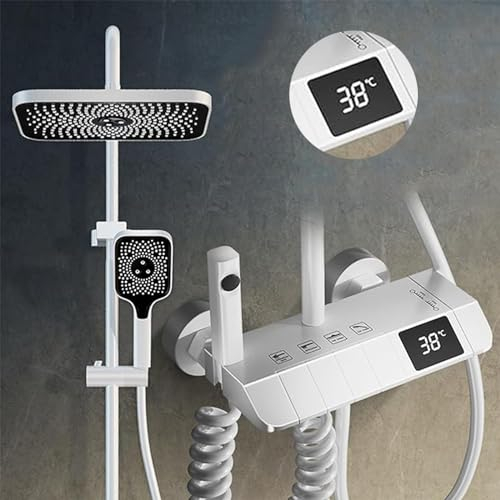 Termostatico Columna Ducha Grifo Bano, Termostatica Duchas Alcachofa Conjunto Baño Banera Griferia Monomando Lluvia Con LED Pantalla Digital 4 Funciones | Blanco