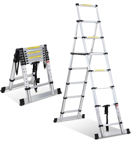 Fiqops 2+2.3M Klappleiter Teleskopleiter, A-Rahmen 6+7 Sprossen Aluminiumleiter, Rutschfester Aluleiter mit Stabilisator Bar, Mehrzweckleiter Maximale Tragfähigkeit 150kg