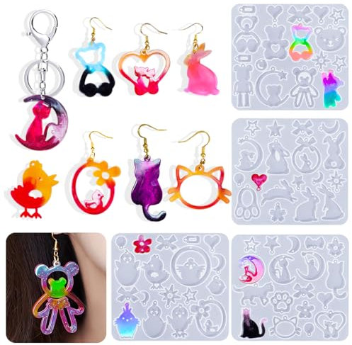 Voyyphixa 71 Pièces Moule Silicone Resine Epoxy Bijoux Ours Chat Moulle Boucle d'oreille Resine Epoxy Moulage Earring Resin Molds Moule de Coulée Bijoux Pendentif Boucle d'oreilles Collier