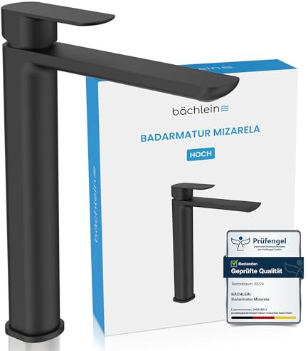 Bächlein Badarmatur Mizarela hoch in klassischem Design, Einhebelmischer für Aufsatzwaschbecken mit langlebiger Keramikkartusche und Montage-Set, Bad Wasserhahn Matt Schwarz - flacher Auslauf