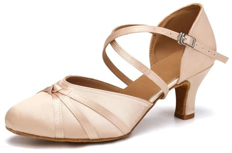 VCIXXVCE Women's Latin Ballroom Dance Shoes Nude Closed Toe Salsa Waltz Tango Performance Dancing Practice Shoes, 6 US