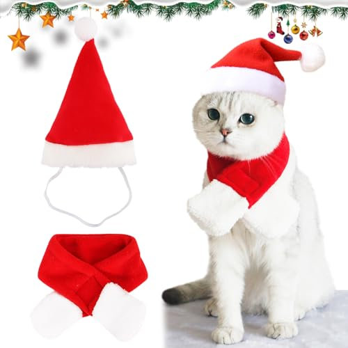 Hyran Katzen Hunde Weihnachtskostüm, 2 Stück Haustier Kostüm Weihnachten, Weihnachtsmütze und Schal für Klein Hund Katze, Lustig Mütze Deko Weihnachts Outfit Geschenk