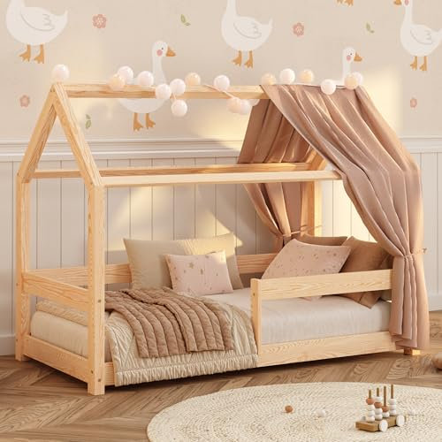 smartwood Montessori Hausbett 90x200 - Holz - für Kinder - Kinderbett mit Lattenrost & Verstellbarer Rausfallschutz - Milo Bett aus Massivkiefernholz für Jungen & Mädchen - Belastbar bis 230 kg