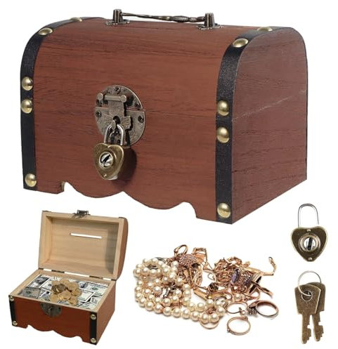 GOIEHIR Kleine Vintage Holz Schatztruhe, Vintage-Look Schatztruhe mit Zahlenschloss, Braun Holz Aufbewahrung Schatzkiste mit Deckel, Piraten-Schatztruhe zur Aufbewahrung und Dekoration, Schnitzeljagd