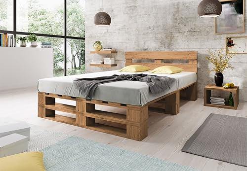 Lermowood Palettenbett M2 aus Holz 180 x 200 cm Eiche mit Kopfteil Holzbett 30cm Stabiles Seniorenbett Kinderbett Jugendbett Gästebett erhöhtes Einzelbett Bettgestell Futonbett Komforthöhe Naturholz