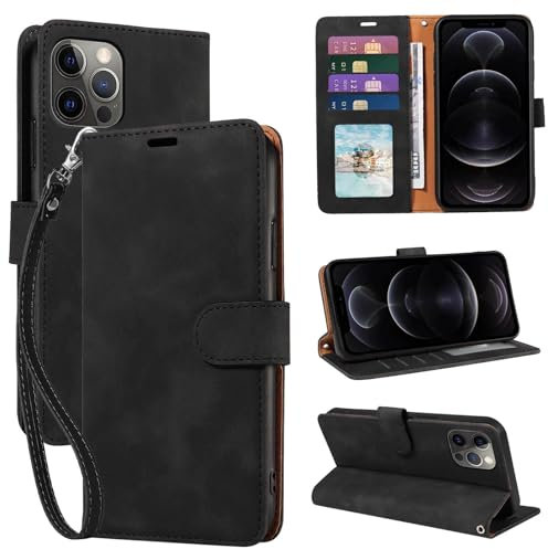 GOTOURED for iPhone 12 Case Wallet, for iPhone 12 Pro Phone Case, [RFID Blocking 4 Card Slots] [Wrist Strap] [Kickstand] Magnetic Shockproof Protective Leather Flip Cover (Black)