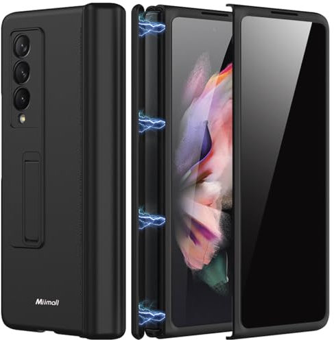 Miimall Kompatibel mit Samsung Galaxy Z Fold 3 Hülle mit Displayschutz Anti-Peeping+Magnetischer Scharnierschutz, Hart PC All Inclusive Stoßfest Schutzhülle mit Ständer für Z Fold 3 5G-Schwarz