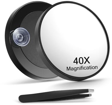 Macaki 40X Magnifying Mirror with 2 Suction Cups, 8.8cm Magnified Makeup Mirror and Slant Tweezers,Black,1PC