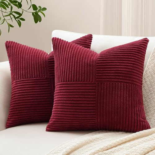 Sungeek 2er Set Cord Kissenbezüge, Kreuz Streifen Muster Kordsamt Kissenbezug Sofakissen Dekokissen Patchwork Design Deko Zierkissenbezüge Kissenhülle für Wohnzimmer (40x40cm, Burgund)