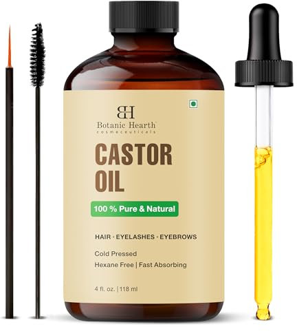 Botanic Hearth Castor Oil (4 Fl Oz Glass Bottle) | Usda Certified Organic | 100% Pure & Hexane Free | Cold Pressed | Promotes Growth For Eyelashes, Eyebrows & Hair