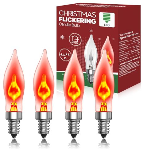 BrightArk E10 Glühbirne Kerze Flackernd, Topkerze Ersatzbirnen Glühbirnen Warmweiß Flammen-Effekt E10 Glühbirne 230V für Schwibbogen Weihnachtsdekoration (4-Stück)