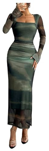 GORGLITTER Women's Tie Dye Square Neck Mesh Bodycon Maxi Dresses Long Sleeve Ruched Slit Pencil Wedding Guest Dress Dark Green Small