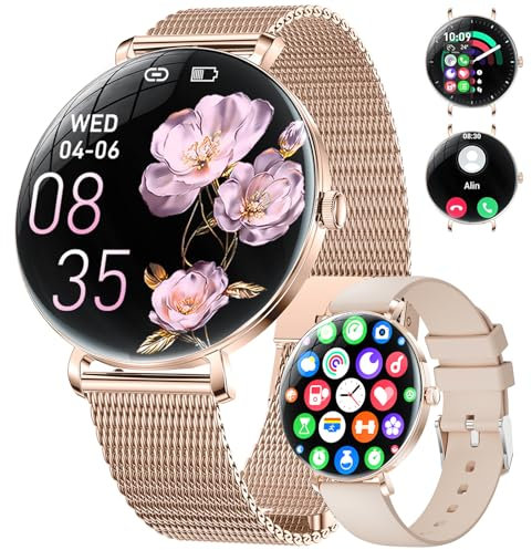 ESFOE Smartwatch Mujer,1.43'' Curva AMOLED Reloj Inteligente Mujer con Llamada Bluetooth,Función Femenina/24H Pulsómetro/Sueño/120+ Modo Deporte/IP68 Podómetro Calorías iOS Android,Oro Rosa Malla