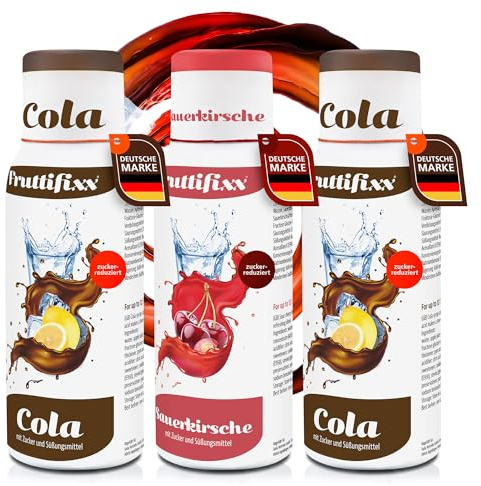Sodafixx 3er Set Fruttifixx Getränke Sirup Cola x Kirsche-Bundle - 2x Cola 1x Sauerkirsche - Fruchtsirup 12L Fertiggetränk zuckerreduziert - Wasser mit Geschmack - für Sodafixx Wassersprudler