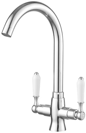 Heable Chrome Kitchen Sink Mixer Tap with White Ceramic Dual Lever Monobloc Victorian Style Kitchen Taps 1 Hole Elegant Swivel Mono Traditional Sink Faucet with Flexible Hoses