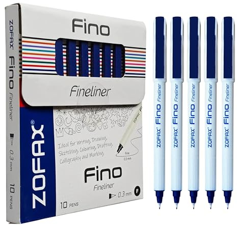 ZOFAX Fino Fineliner Pens, BLUE, Extra Fine Point (0.3mm), Pack of 10, Precise Write Sketch Draw Colour, Ideal for Artists Architects Technical Drawing Calligraphy, Ergonomic Design, Comfort Grip