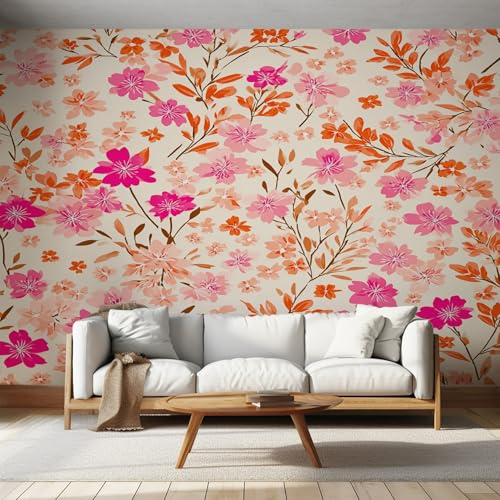 Retro Floral Wallpaper Pink Orange, 60s 70s Flower Hippie Wall Paper for Bedrooms, Home Decor Photo Wallpaper for Living Room 400x280 Non-Woven Wall Mural W&19