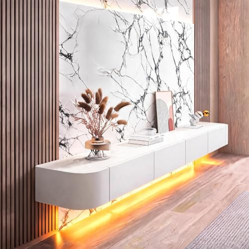 XDXINY Floating TV Stand Large Floating TV Shelves Wall Mounted Multi Storage Compartment TV Media Console Floating TV Cabinet Large Storage TV Bench Under TV (White+LED, 120 * 20 * 24CM)