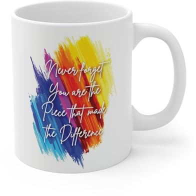Aricorn Limited Inspirational Quote Mug, White Ceramic Cup with Colorful Rainbow Brushstroke Design, Never Forget You are The Piece That Made The Difference