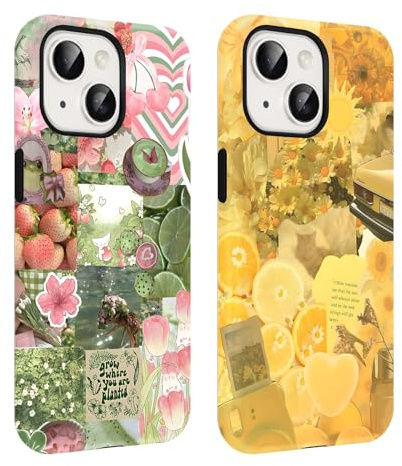 Yoedge 2 Pièces Fleur Coque pour iPhone 14/iPhone 13 Étui Collage, Fraise Aesthetic Cœur Flower Heart Motif pour Filles, Silicone Antichoc Cover Anti-Rayures Housse Case pour iPhone 13 6,1,Orange