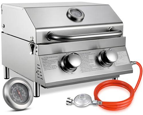 TLSUNNY 2 Brenner Gasgrill Klein, Tragbarer Edelstahl Tischgasgrill Kompakt mit Grillrost, Thermometer, Camping tischgrill für BBQ, Balkon, Garten, 4.4kW, 4PCS Füße, 42 x33 cm Grillfläche, Edelstahl