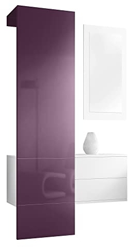 Vladon Garderobe Carlton Set 2, Made in Germany, Garderobenset bestehend aus 1 Garderobenpaneel, 1 Schubkastenschrank und 1 Wandspiegel, Weiß matt/Brombeer Hochglanz (105 x 193 x 35 cm)