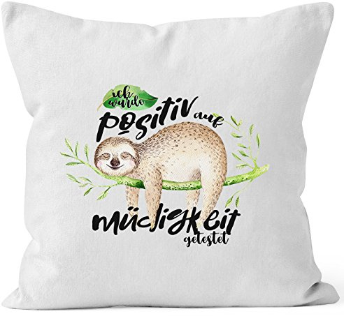 MoonWorks Kissenbezug Faultier Faultier Ich wurde positiv auf Müdigkeit getestet Sloth Kissen-Hülle Deko-Kissen 40x40 Baumwolle Weiss 40cm x 40cm