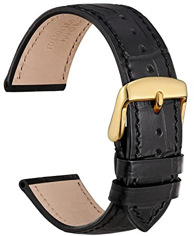 WOCCI 18mm Uhrenarmband Leder für Damen und Herren, Geprägtes Alligator, Goldene Schnalle (Schwarz)