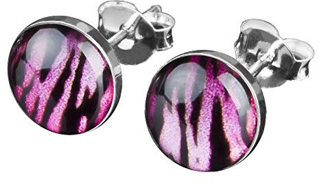 viva-adorno 1 Paar Damen Ohrstecker Ohrringe rund Edelstahl Schwarz Zebra Tiger Streifen Z210, pink