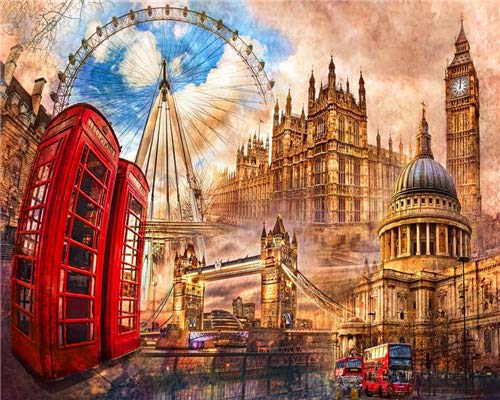 YEESAM ART DIY Ölgemälde Malen nach Zahlen Erwachsene Kinder, Romantischer Ferris Wheel London City Tower Bridge Zahlenmalerei ab 5 Öl Wandkunst (City, ohne Rahmen)