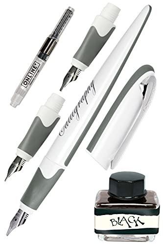 ONLINE Kalligrafie Set Air, Calligraphy-Füller mit Konverter, breite Kalligrafie-Federn in verschiedenen Strichstärken, Tintenglas schwarz, Schönschreibfüller in Weiß, in Geschenkbox