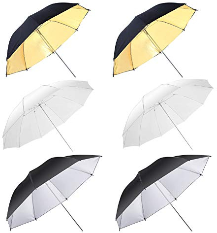 6 x Reflex-/Durchlichtschirm-Set 84 cm, Weiß Transparent Reflektor Studio Schrim, schwarz/Silber Reflektor Regenschirm Reflexschirm schwarz Gold 33 Zoll für Fotografie Studio Video Blitz