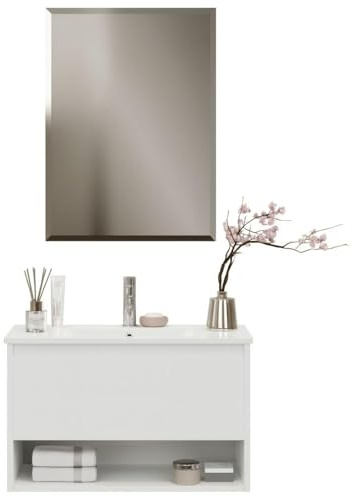 ZIK - Mobile Bagno con Lavabo e Specchio Moderno, Lavandino Bagno con Mobiletto in Legno e Ceramica, Mobile Sospeso con Finiture Eleganti e Cassetto e Vano Salvaspazio (Bianco)