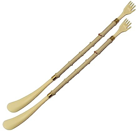Iloda® 2x Rückenkratzer mit Schuhanzieher beige ca. 50cm aus Kunststoff in Holzoptik, Kratzhand Schuhlöffel Kratzhilfe für den Rücken