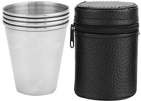 Edelstahlbecher, 4 Stück tragbarer Edelstahl Weinbecher, Kegelform Silberflasche für Kinder und Kleinkinder, Metallbecher mit zylindrischer Aufbewahrungstasche für Outdoor Camping Reisen(Mittel)