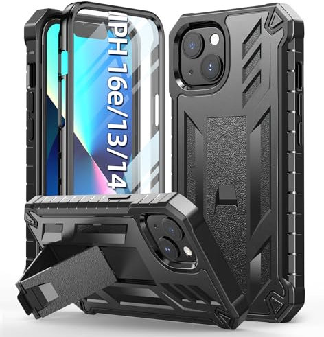 for iPhone 13 Case Protective Cover: iPhone 14 case Heavy Duty Military Grade Hard Protection Shock Proof Grip | Durable Dual-Layer Design iPhone 13-14 Phone Case with Built-in Kickstand Black
