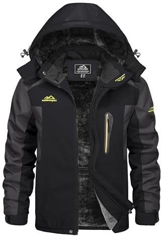 KEFITEVD Winterjacke Herren Warm Gefüttert Skijacke Winter Outdoorjacke Winddicht Allwetterjacke Thermojacke mit Kapuze Schwarz-Grau S