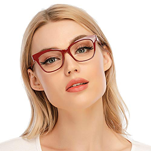 DOOViC Blaulichtfilter Lesebrille Rot/Eckig Rahmen Große Gläser Computerbrille mit Sehstärke für Damen/Herren 2,75