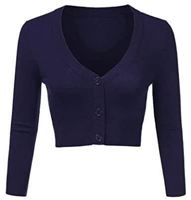 Totatuit Women's Cropped Cardigan V Neck Button Down Knitted Shrug Long Sleeve Open Front Jumper Navy Cardigans,L
