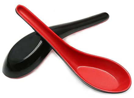 Cionyce 2PCS Asian Soup Spoons, Chinese Japanese Miso Ramen Wonton Dumpling Pho Rice Noodle Soba Soup Spoons, Red and Black Melamine
