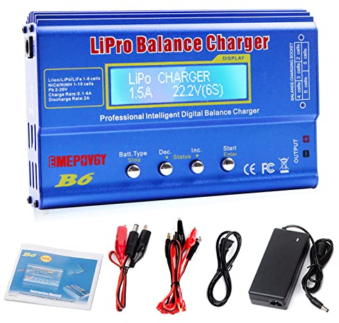 EMEPOVGY B6 Balance Lipo Ladegerät 80W 6A LCD Bildschirm RC Akku Ladegeräte Entlader für LiPo/Li-Ion/Life Akku (1-6S) NiMH/NiCd (1-15S) / PB(2-20V) mit AC Netzteil