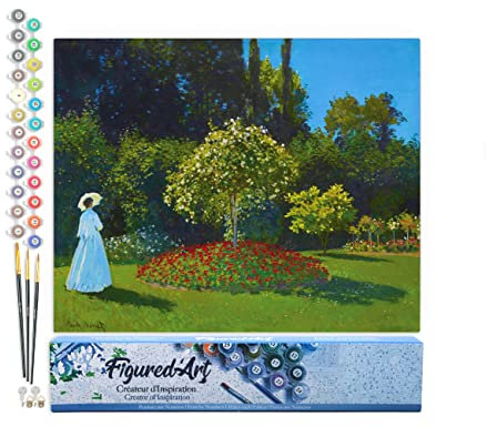 Figured'Art Peinture par Numéro Adulte Dame en blanc au jardin - Monet - Activité Manuelle Kit de Loisir Créatif DIY Numéro d'Art Complet - 40x50cm sans châssis en bois