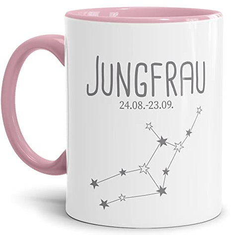 Tasse mit Sternzeichen Jungfrau - Sternbild Kaffeetasse mit Spruch - Geschenk zum Geburtstag, Horoskop, Astronomie - Keramik Innen & Henkel Rosa, 300 ml | Jungfrau