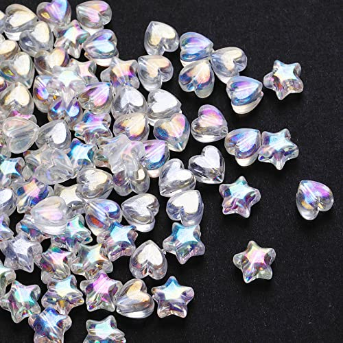 Prasacco 100 Stück Acryl Stern Perlen, Bunte Stern und Herz Perlen Transparent Acryl Perlen mit 1 Rolle Kristallkabel für DIY-Schmuckherstellung, Halsketten, Armbänder, Ohrringe, Schlüsselanhänger